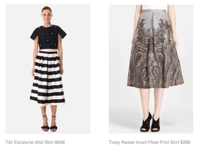 Tibi Escalante Midi Skirt $698, Tracy Reese Invert Pleat Print Skirt $288